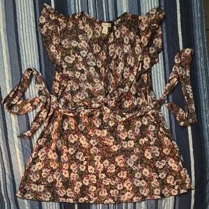 dressbarn Black Floral Tie-Waist Ruffle Top